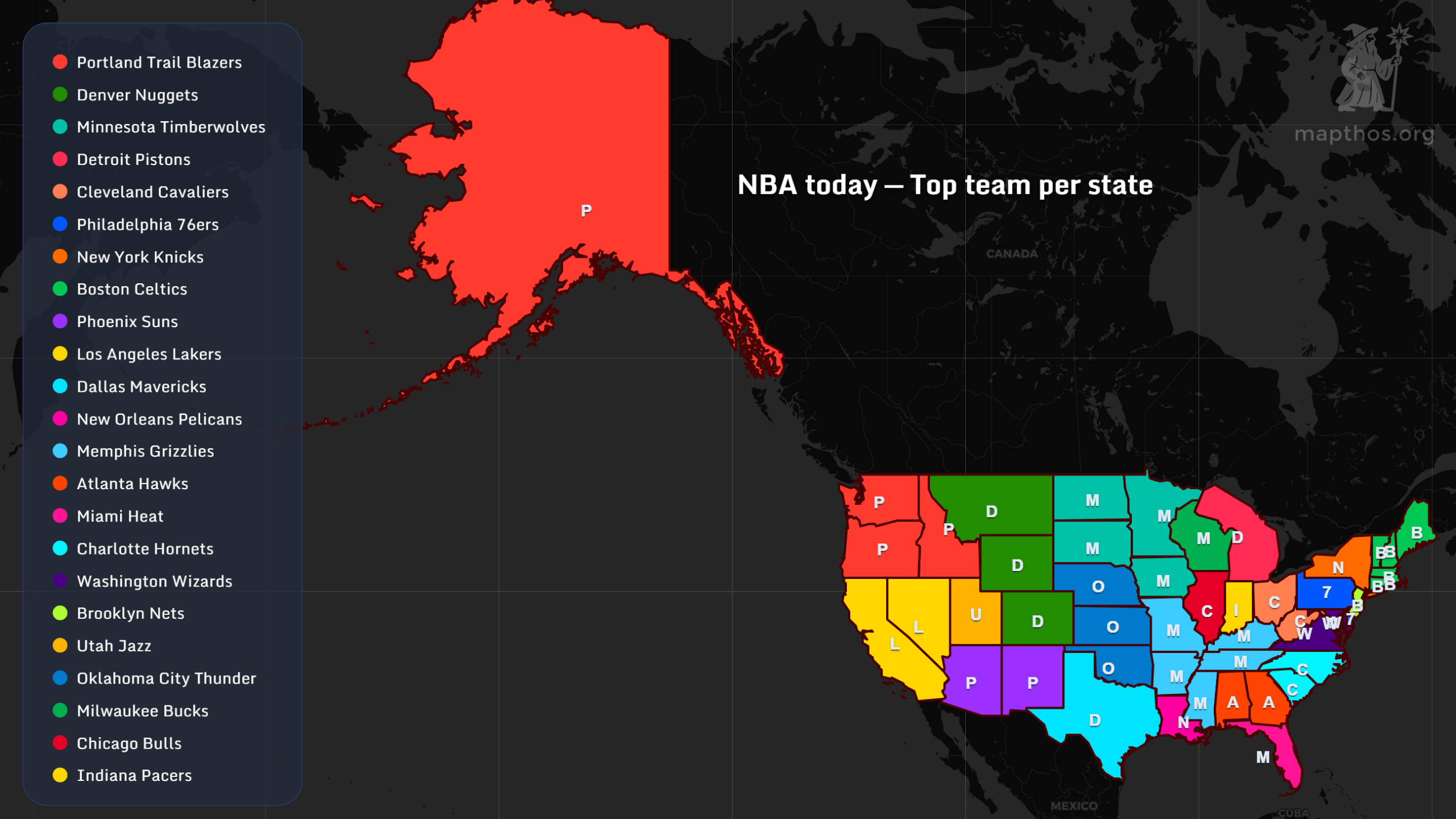 Map of top NBA team per U.S. state — Mapthos AI basketball dataset 2025